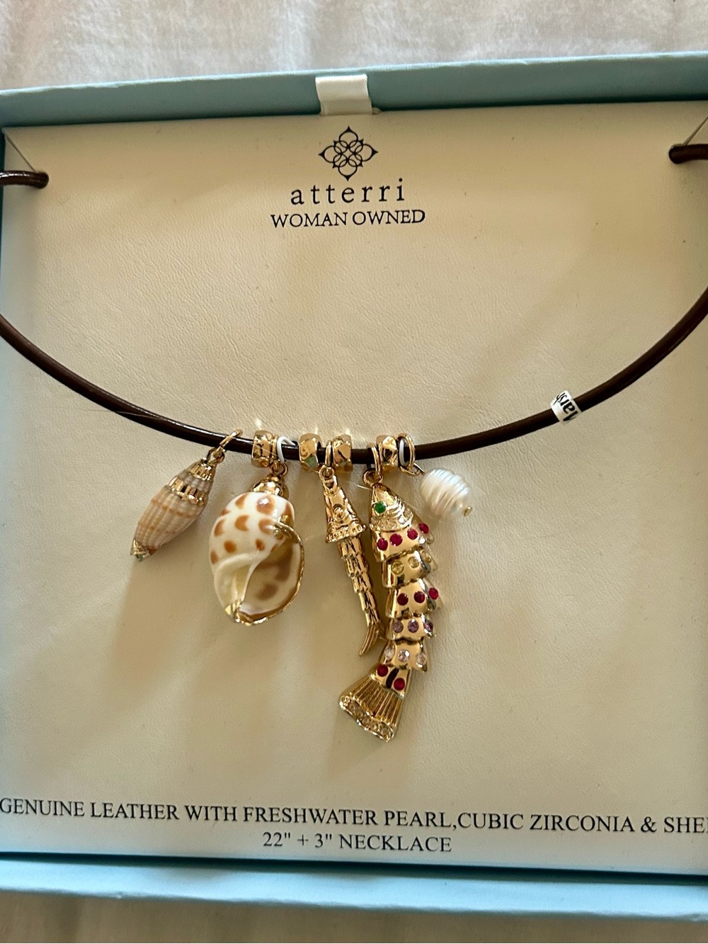 Atterri Coastal Chic Leather Necklace - Brown with Gold & Pearl Accents - Picture 11 of 13